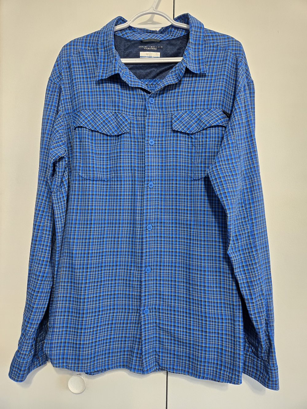 Columbia Omni-Shade Sun Protection Plaid Fishing Shirt Men's XL Blue‎